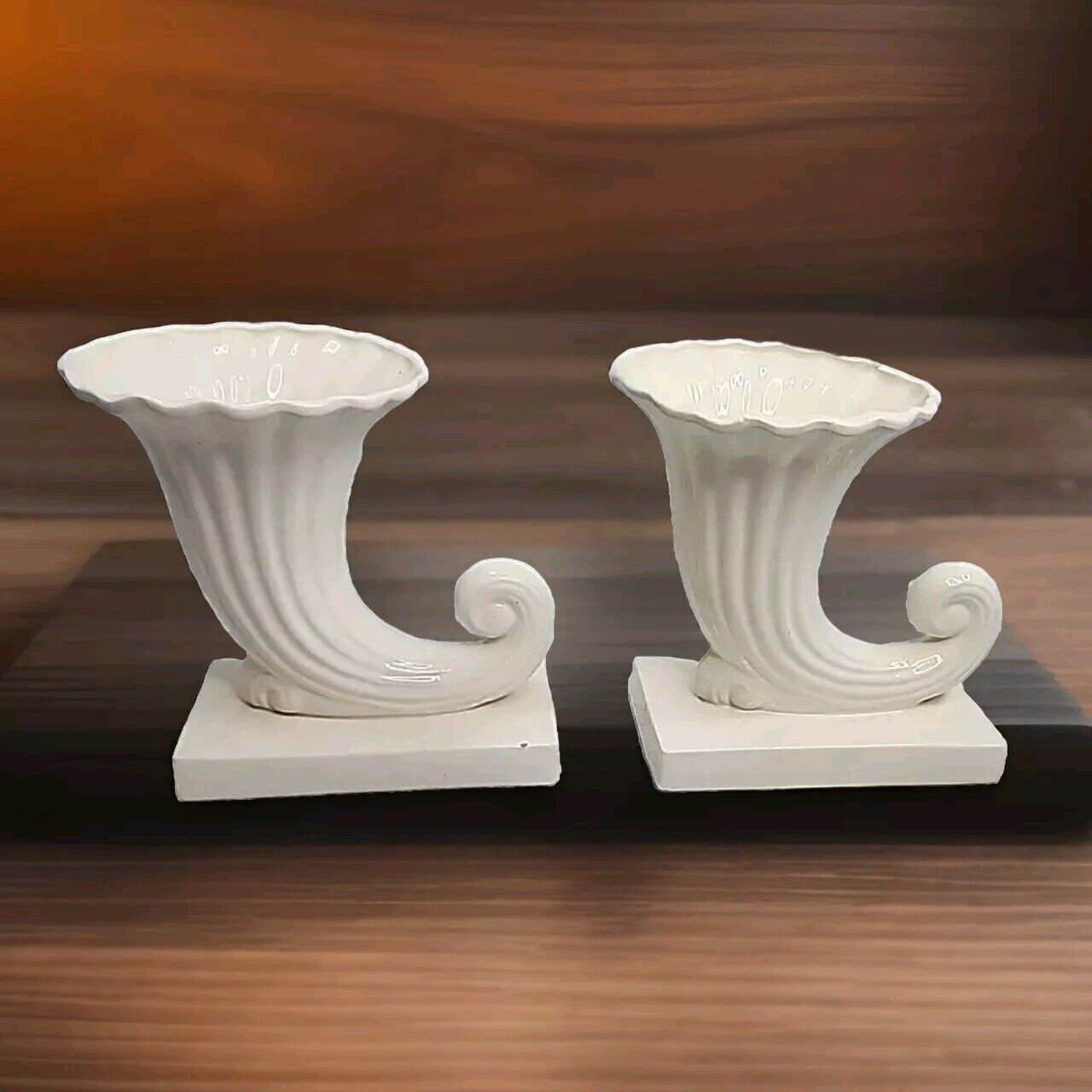 Pr Ceramic Bookends Vintage 1930s 1940s Horn Vase Planter Glossy Ivory White  