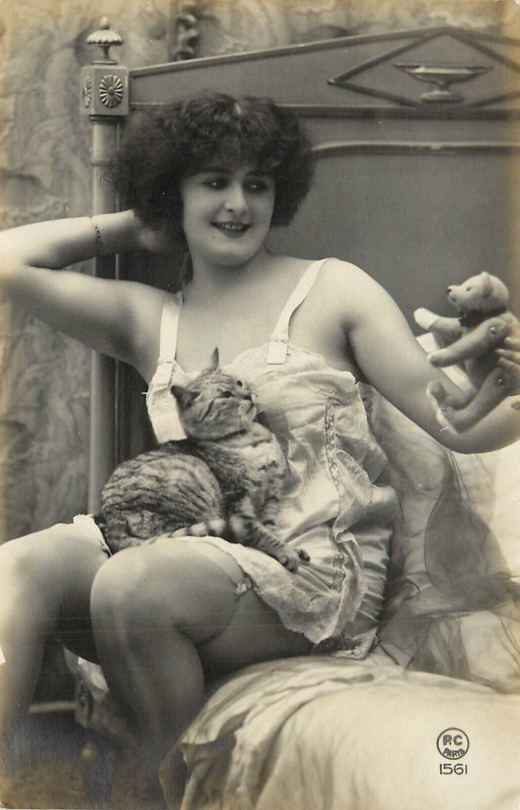 French RPPC Postcard Woman In Lingerie With Tabby Cat on Her Lap & Teddy Bear