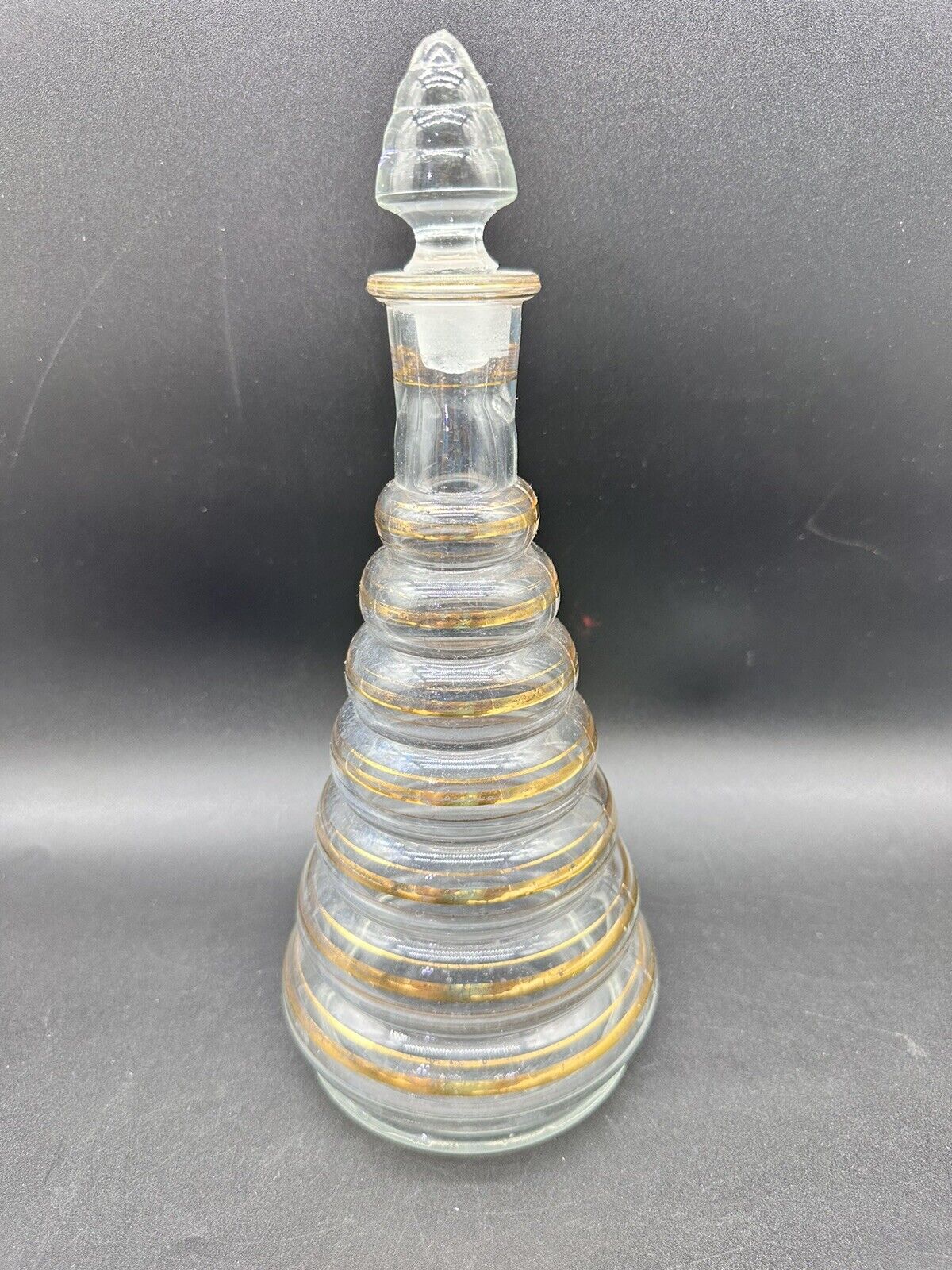 Vintage MCM Glass Beehive Style Liquor decanter gold Stripes Stopper READ 11in
