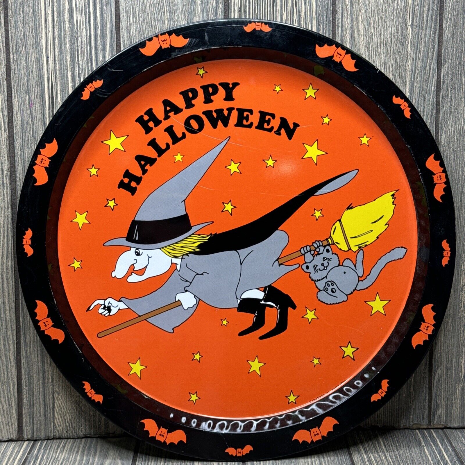 Vintage New Design Happy Halloween Round Metal Serving Tray Witch Broom Cat 13\