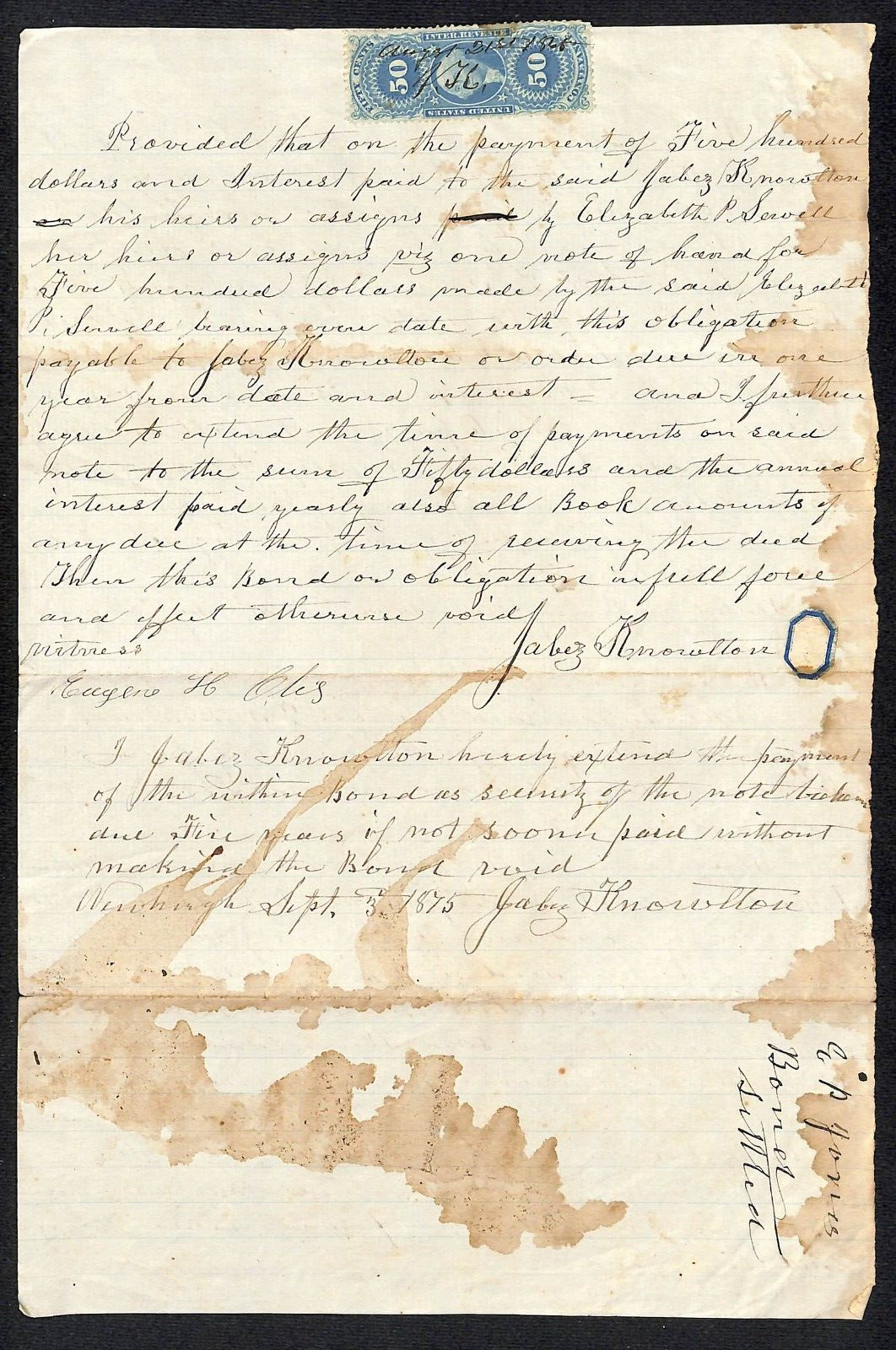 1865 Jabez Knowlton* Newburgh, ME Promissory Note w/ R54d Stamp