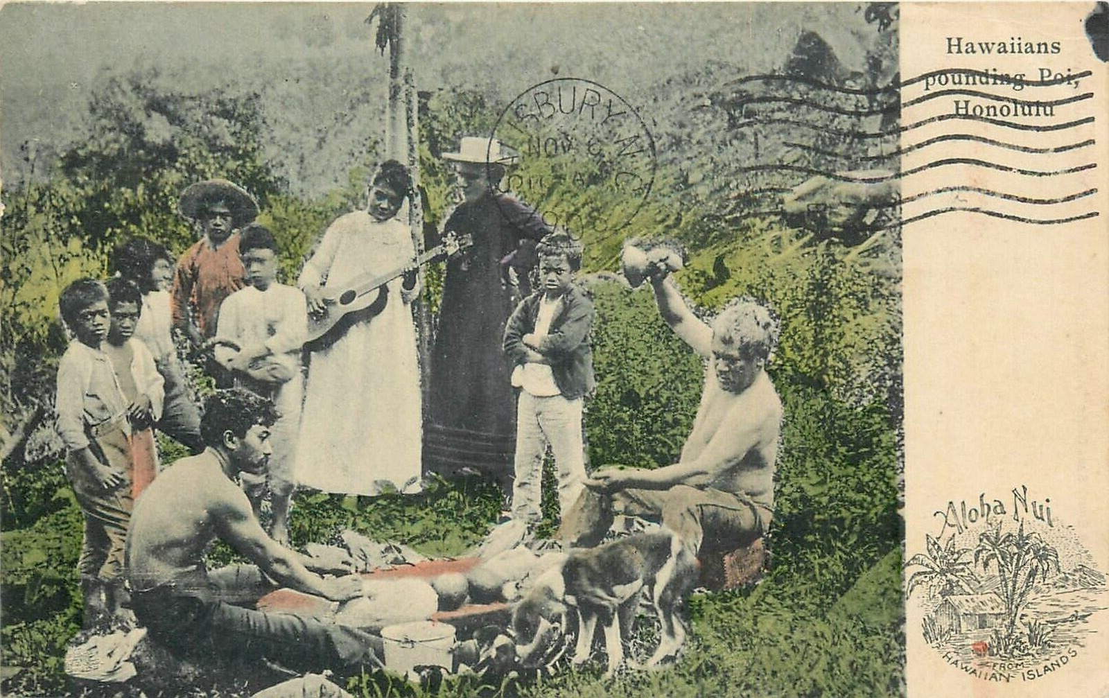Postcard 1908 Honolulu Hawaii Hawaiians pounding Poi Hand Colored 24-5439