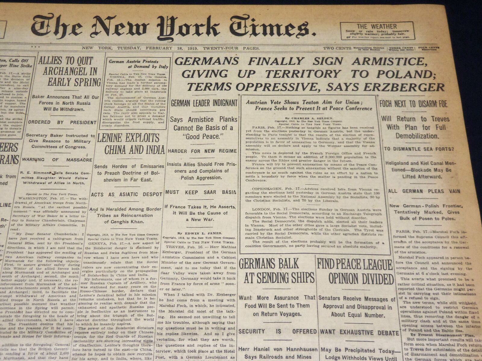 1919 FEBRUARY 18 NEW YORK TIMES - GERMANY FINALLY SIGNS ARMISTICE - NT 7977