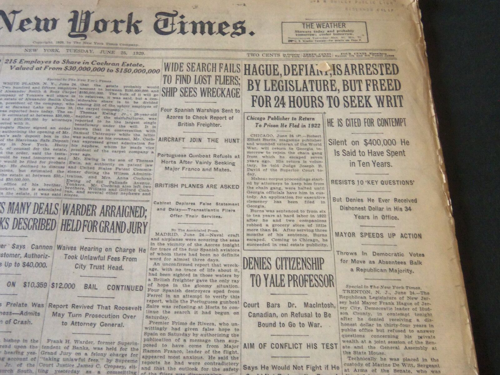 1929 JUNE 25 NEW YORK TIMES - FRANK HAGUE DEFIANT IS ARRESTED - NT 6577