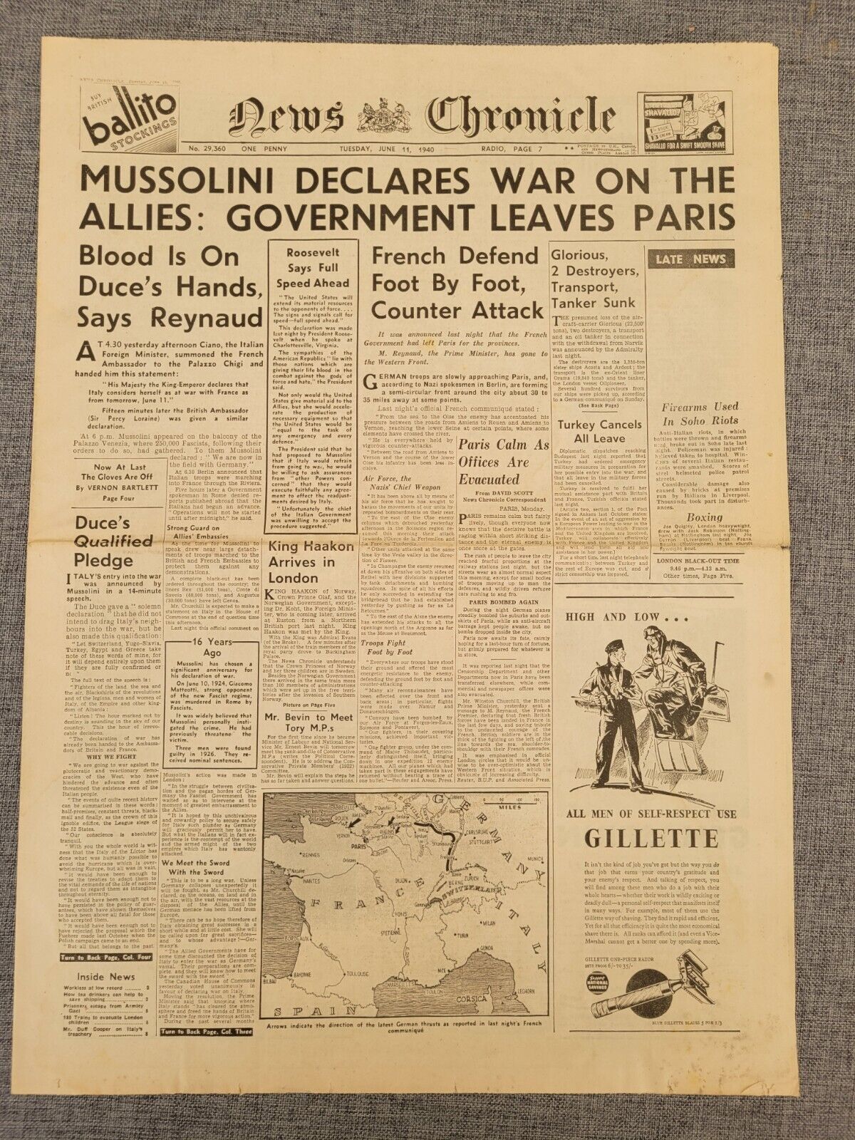 NEWS CHRONICLE WW2 MUSSOLINI DECLARE WAR 11 JUNE 1940 ORIGINAL NEWSPAPER