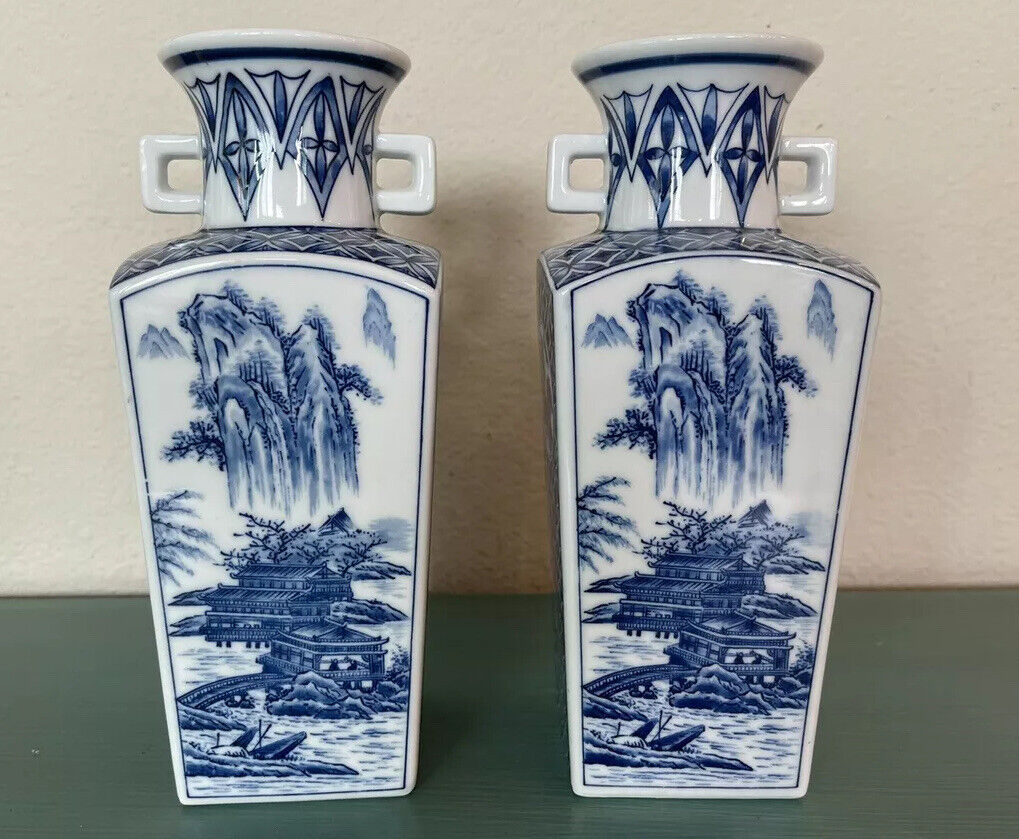 Vintage Japanese Vases (2) Kozan Gama Blue And White