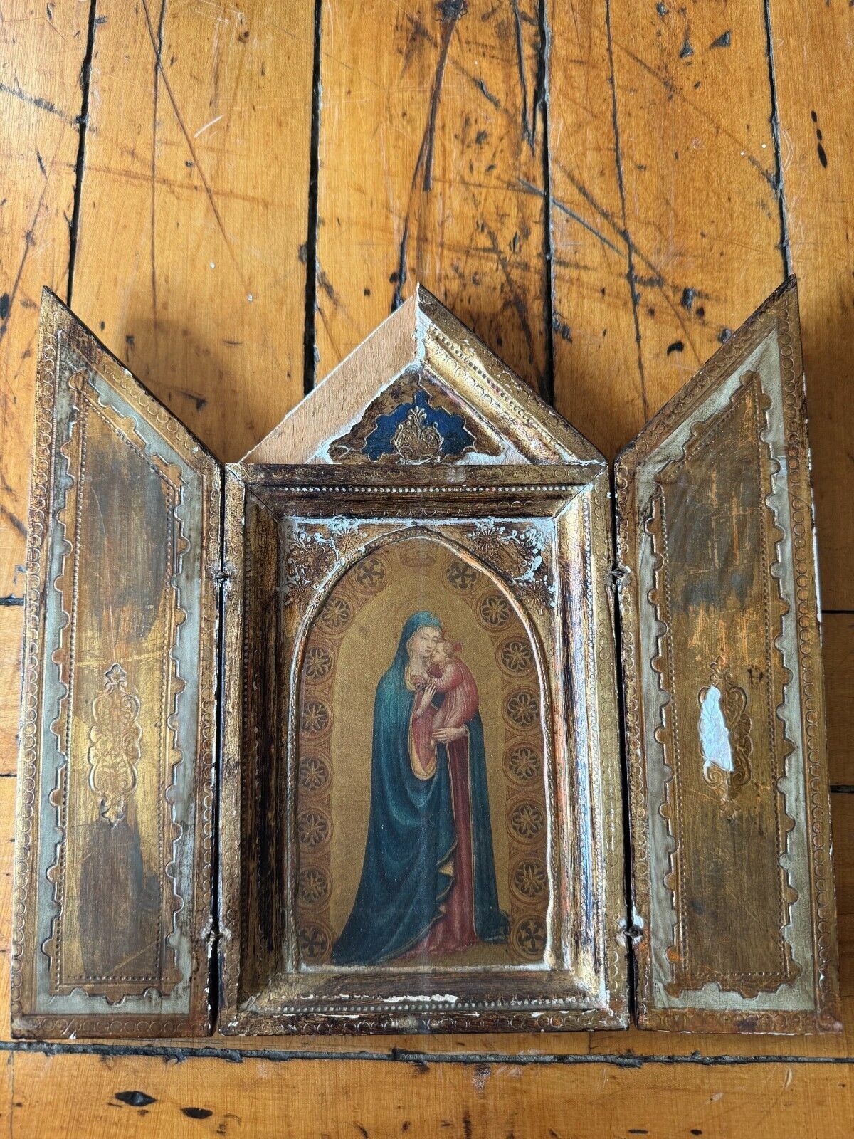 Antique Portugese Gilded Wood and Plaster Icon of Mary with Child w/Doors- 5 x 9