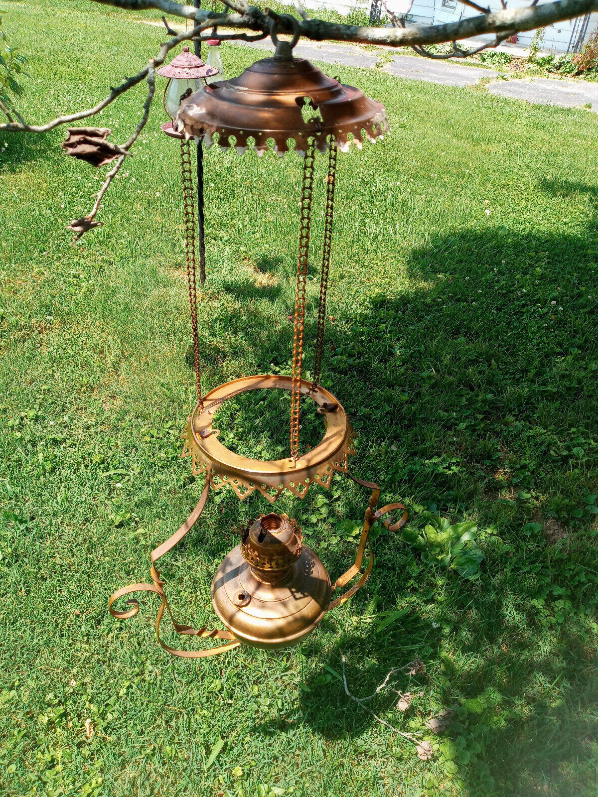 Antique Brass Hanging Kerosene Store Lamp w Hang