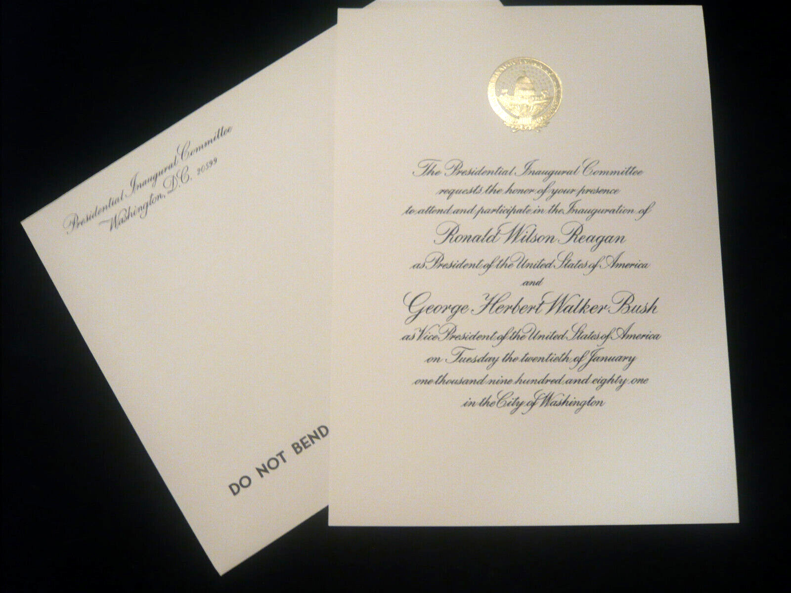 President Ronald Reagan and George Bush 1981 Official Inaugration Invitation