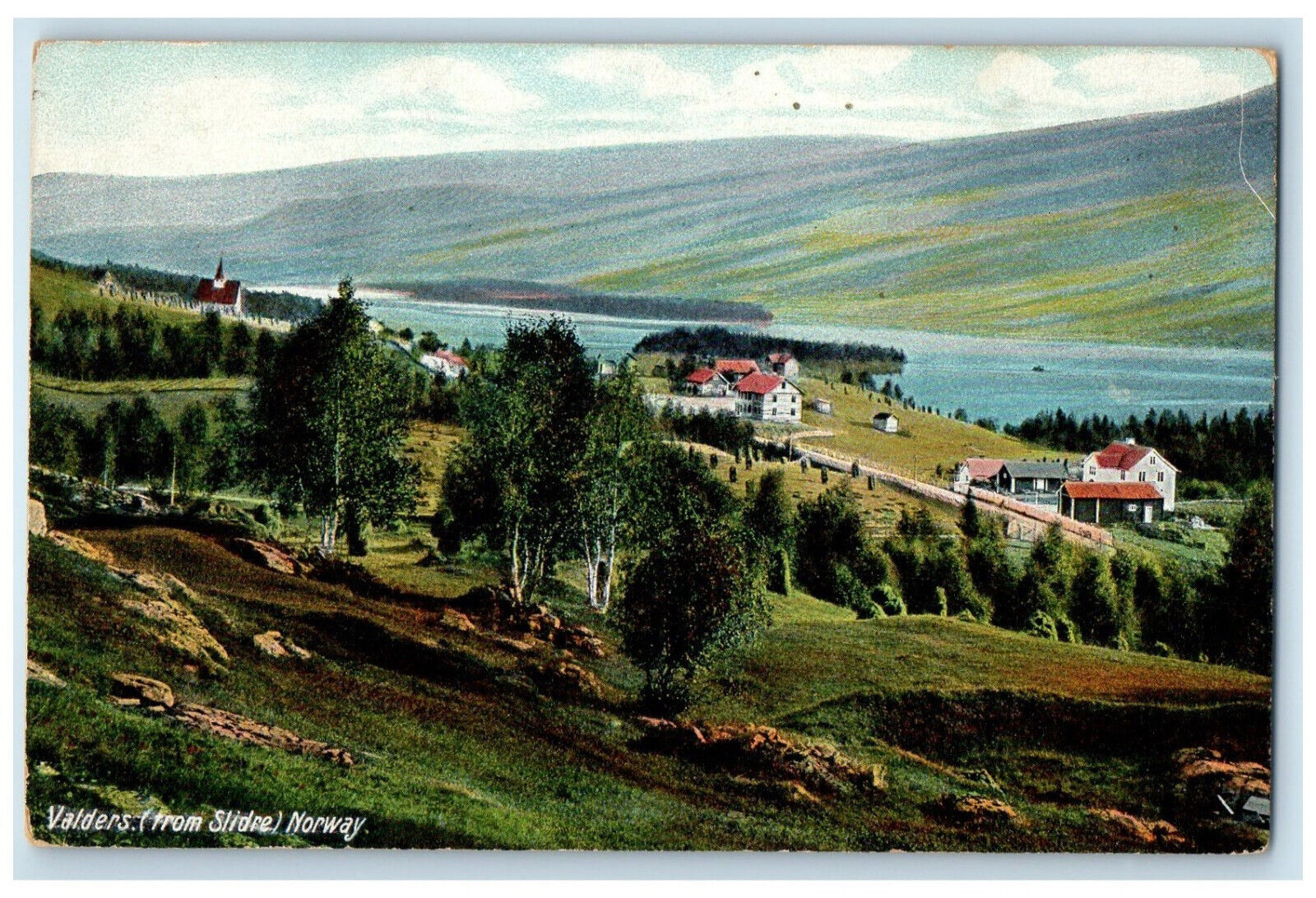 c1910 Valdres From Slidre Norway Mountains Buildings Greenery Scene Postcard