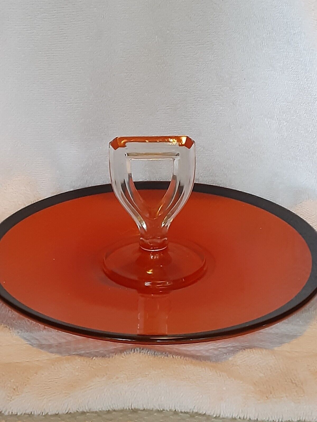 MCM 70s Glass Serving Tray w/ Glass Handle Orange and Black 5x11