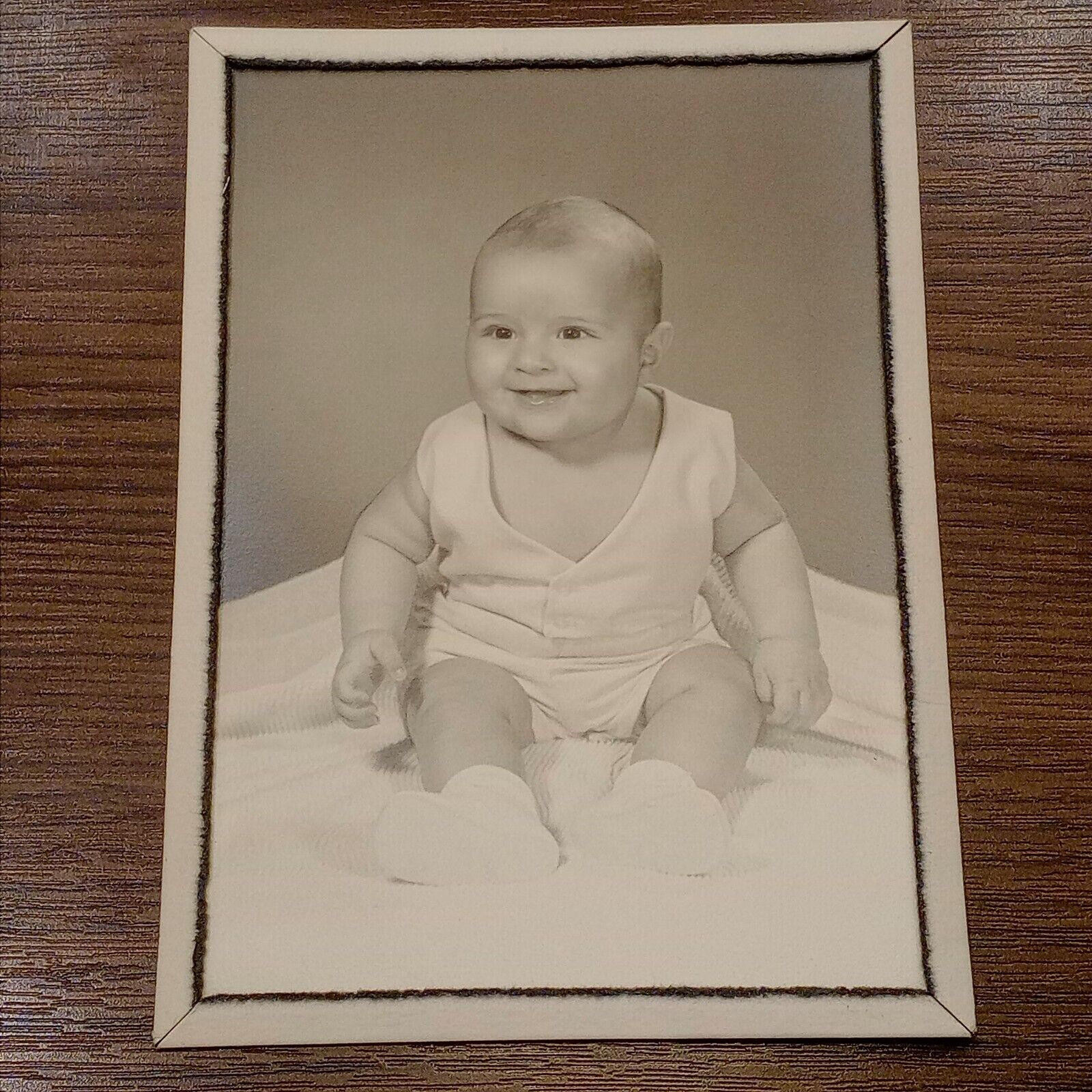 Vintage Sitting Happy Smiling Bald Baby Portrait Black & White Original 5\