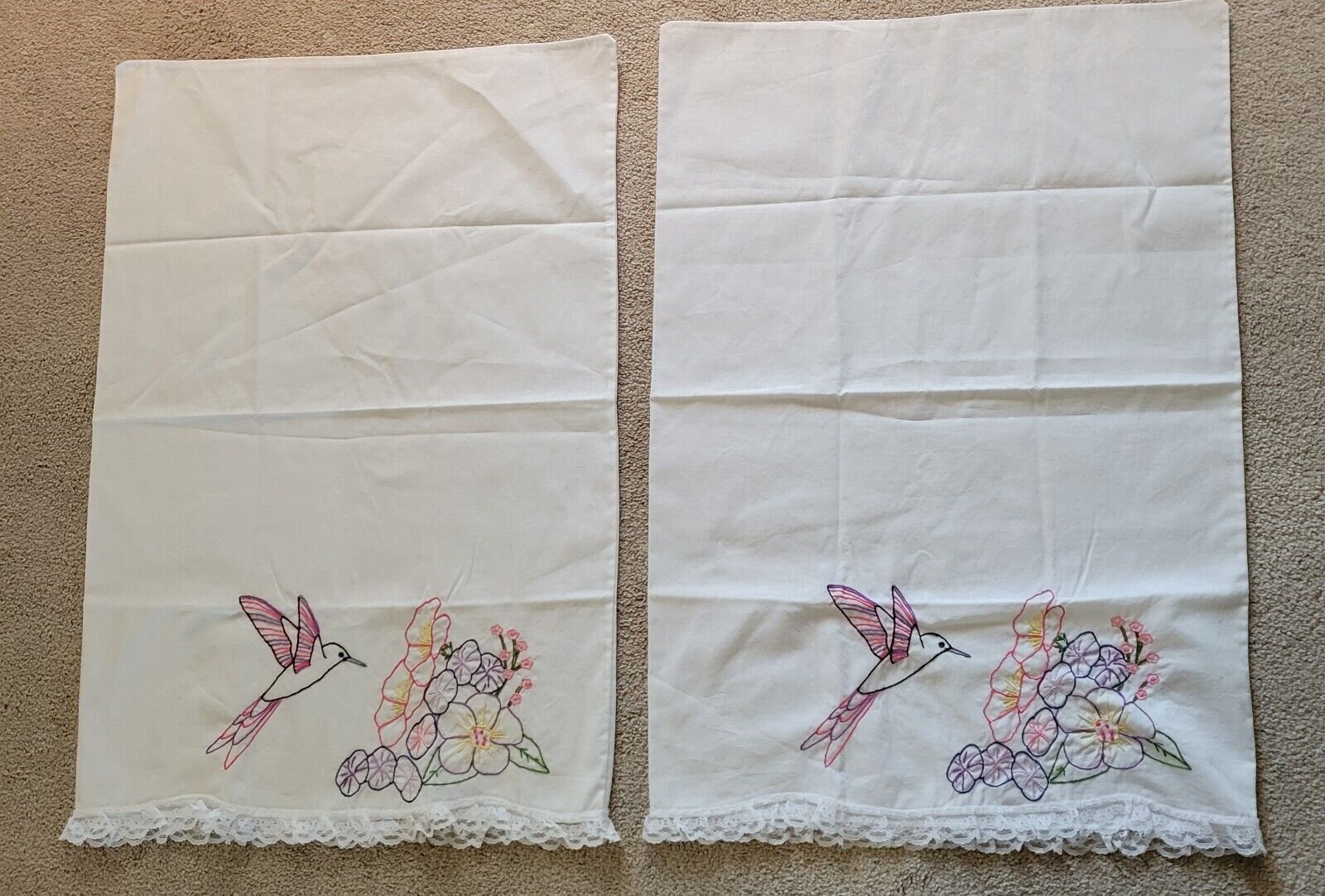 Set Of Two Vintage  Embroidered Pillow Cases W/ Hummingbird Flowers Linens