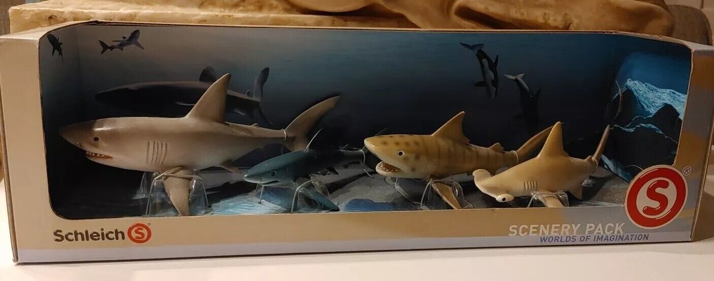 SCHLEICH GREAT WHITE, BLUE, TIGER & HAMMERHEAD SHARKS SCENERY PACK #40-989 *NEW*
