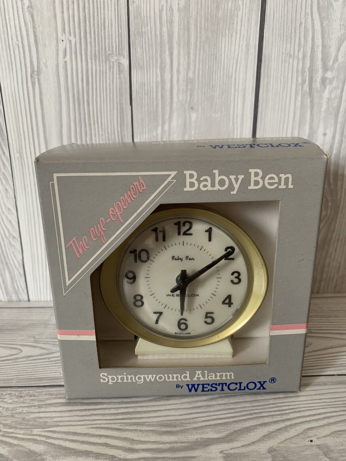 Vintage Baby Ben Springwound Alarm Clock The Eye Openers  60s 70s White Plain