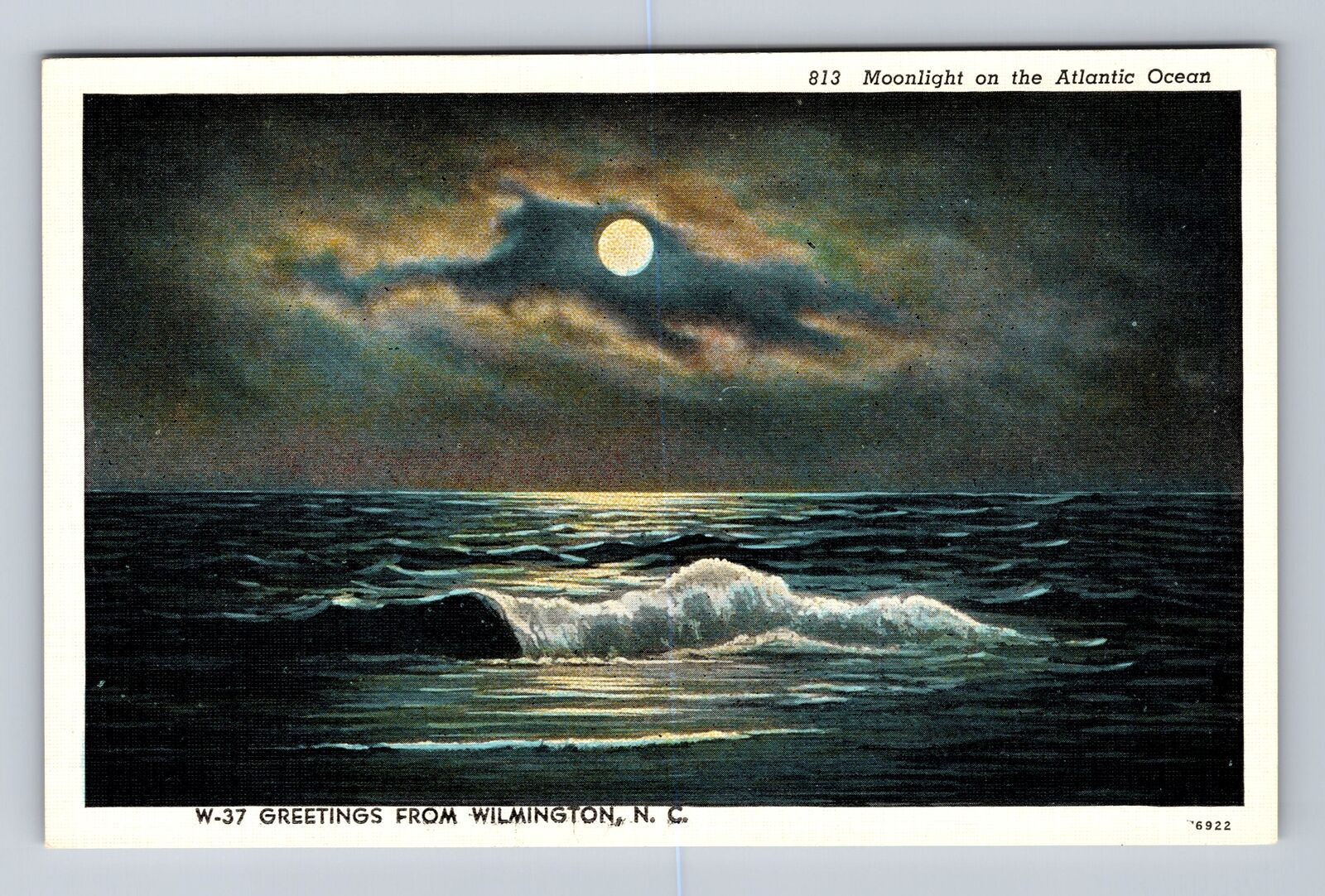 Wilmington NC-North Carolina, Moonlight On Atlantic Ocean, Vintage Postcard