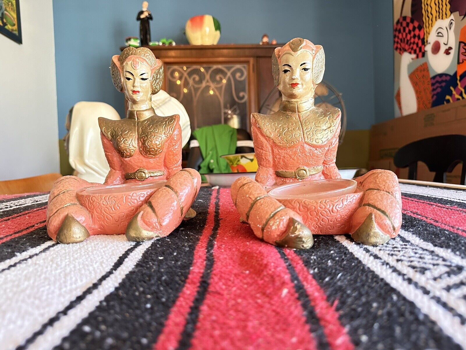 Vintage Pair Asian  Chalkware Sitting Figures Ashtray-(1950’s)
