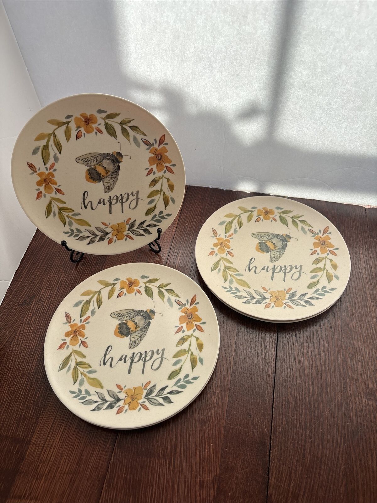 6 Bee Happy Decorative Plate 8 inch Plastic Floral Primitives by Kathy Spring