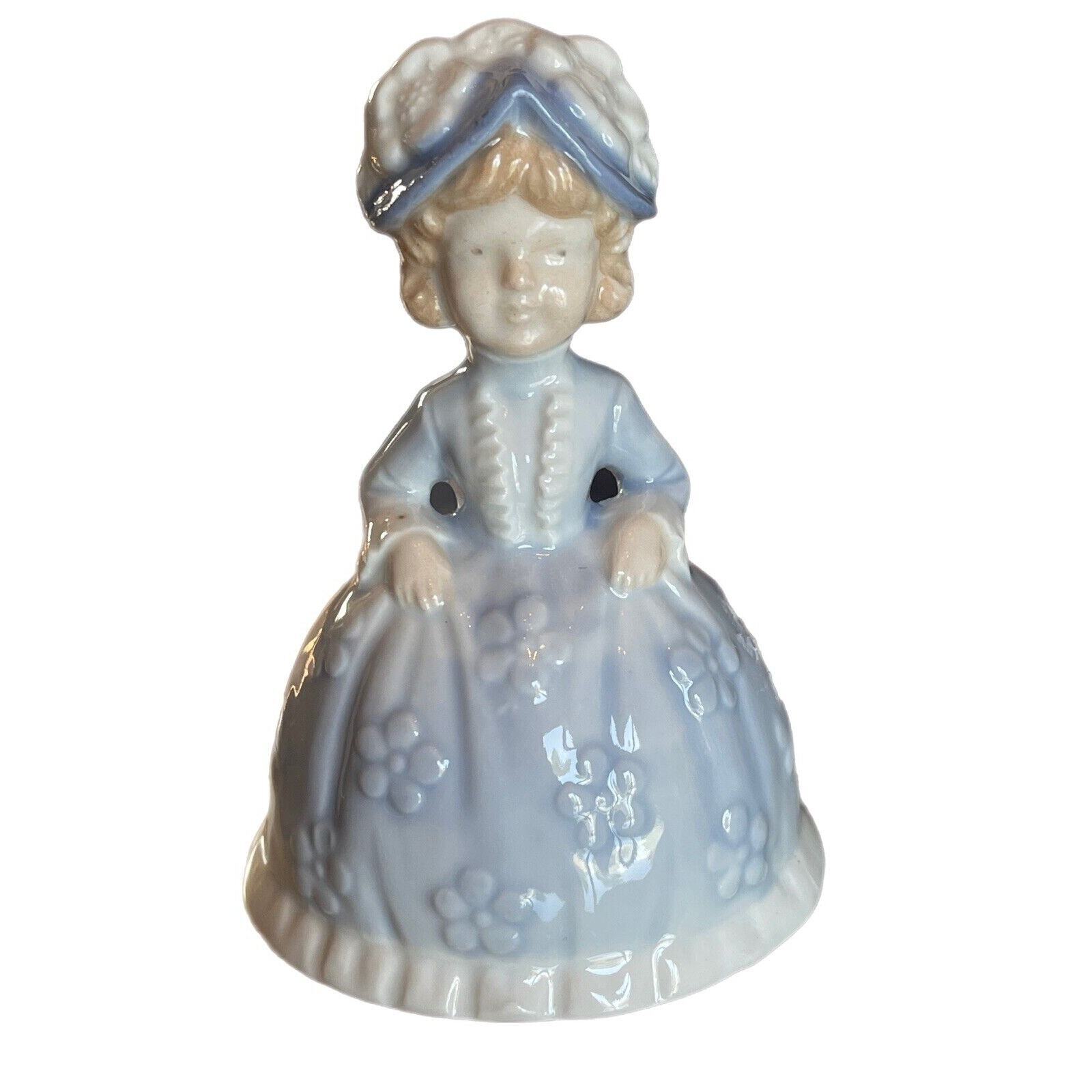 Vintage Porcelain Bell Unsigned Blue White Floral Dress Hat Blonde Little Girl