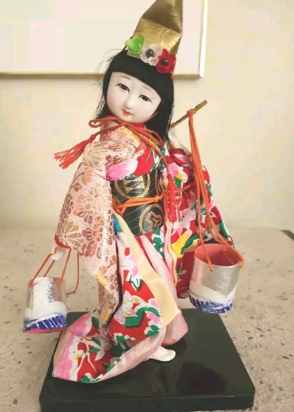 Vintage Japanese Nishi & CO Geisha Doll Holding Pails Figurine With Wooden Stand