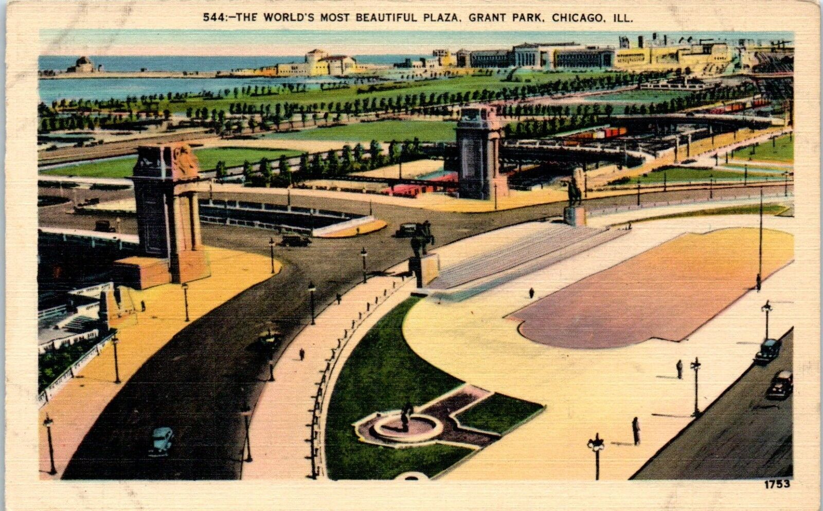 c1940s Linen Postcard Chicago IL Illinois Grant Park Worlds Most Beautiful Plaza