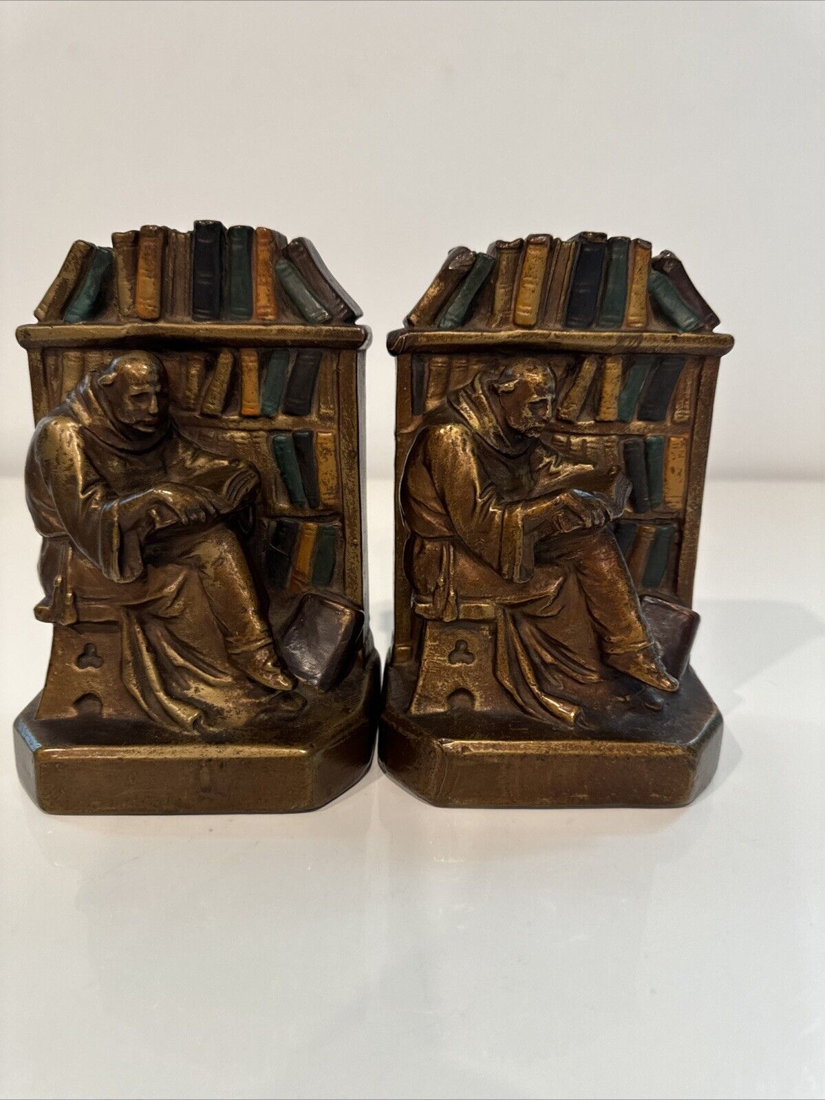EARLY 1900's BRONZE CLAD ~ STUDIOUS MONK BOOKENDS