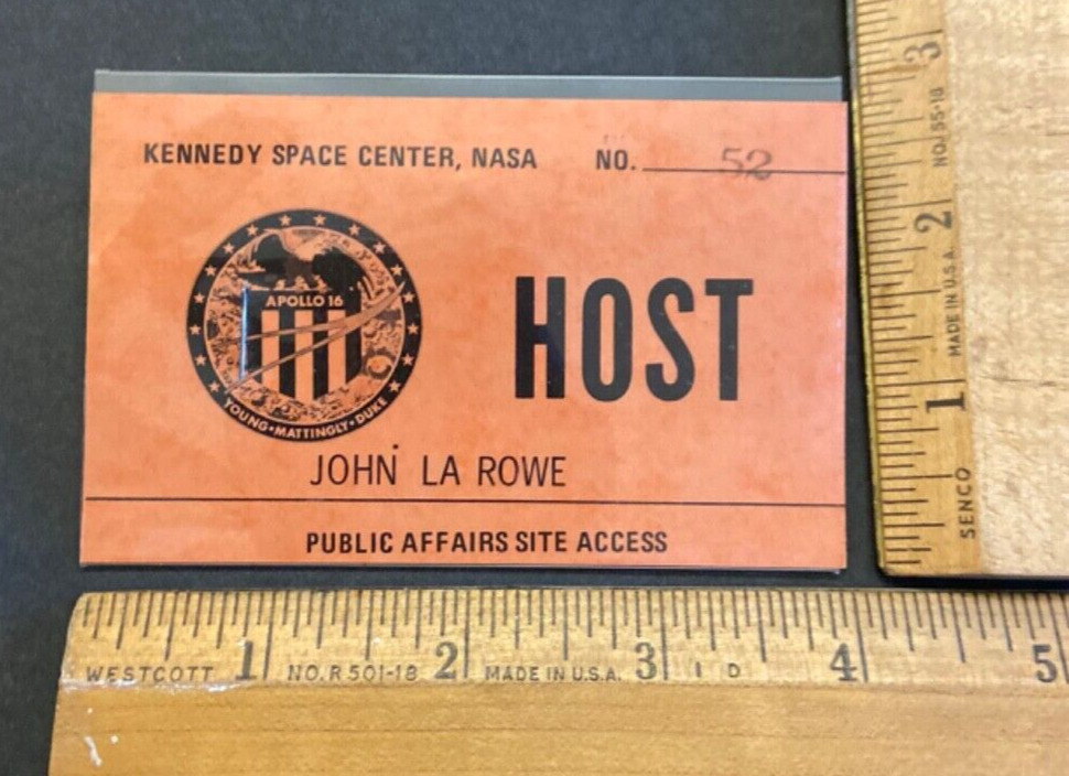 Original 1972 NASA Apollo 16 HOST Launch Access Viewing Pass Badge Serial No. 52