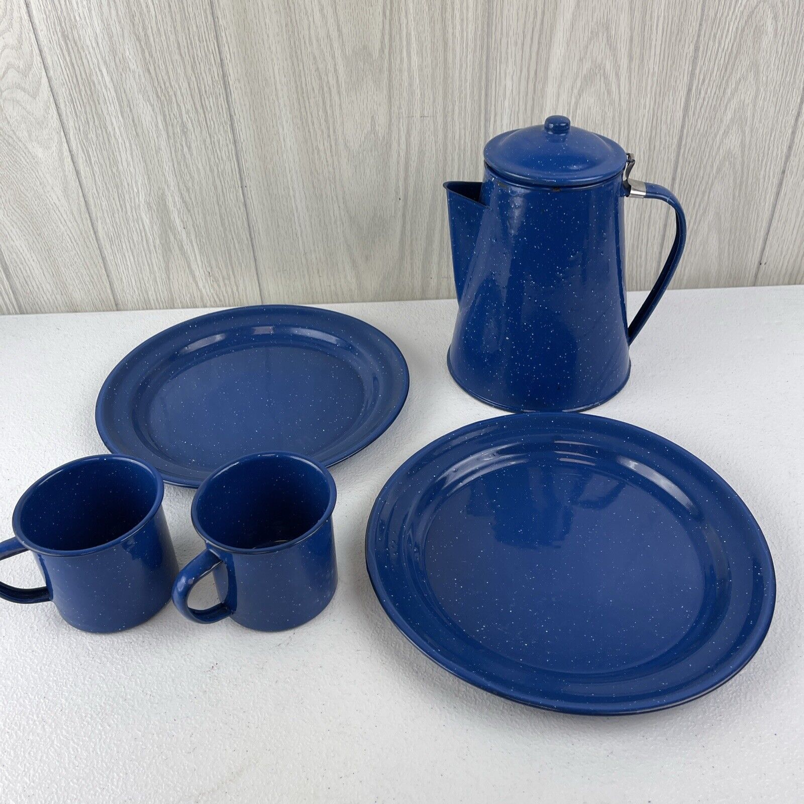 LOT 5 Pieces Vintage Blue Speckle Enamel Ware Coffee Pot / Coffee Cups / Plates