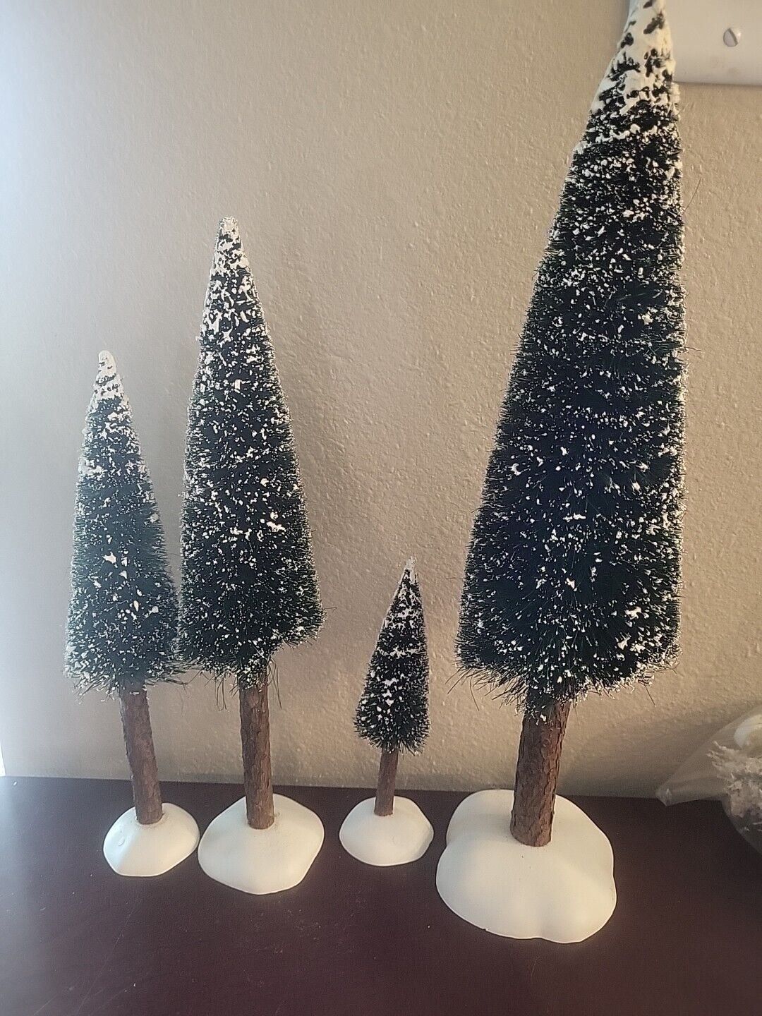 Dept 56 Village Frosted Fir Trees with real wood trunks set of 4