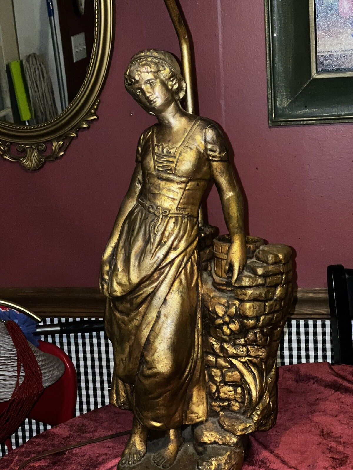 OLD FRENCH LADY STATUE LAMP PLASTER GILT “THE HOUSE OF  ALBARRAN” RARE