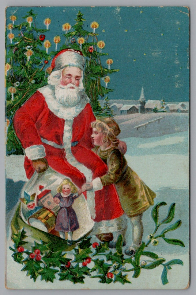 Santa Claus in Snow with Child ~Toys~Tree~Winter Scene Christmas ~Postcard~k523