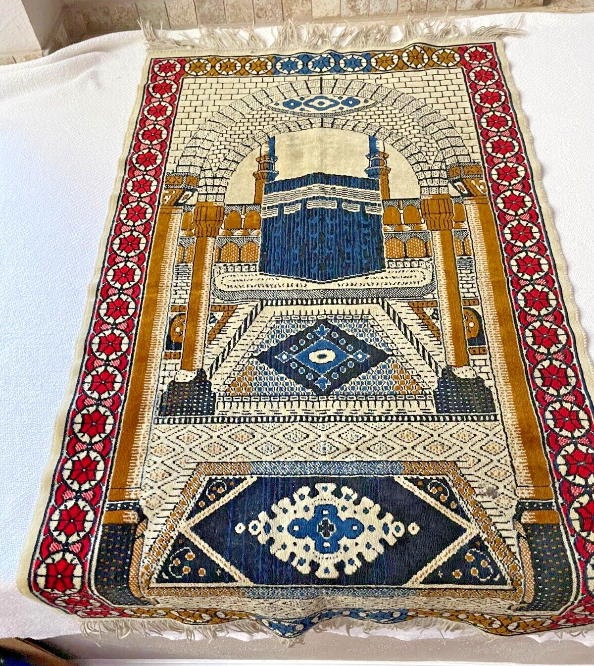 Vintage Islamic Prayer Rug Muslim Carpet Woven Fringed 40