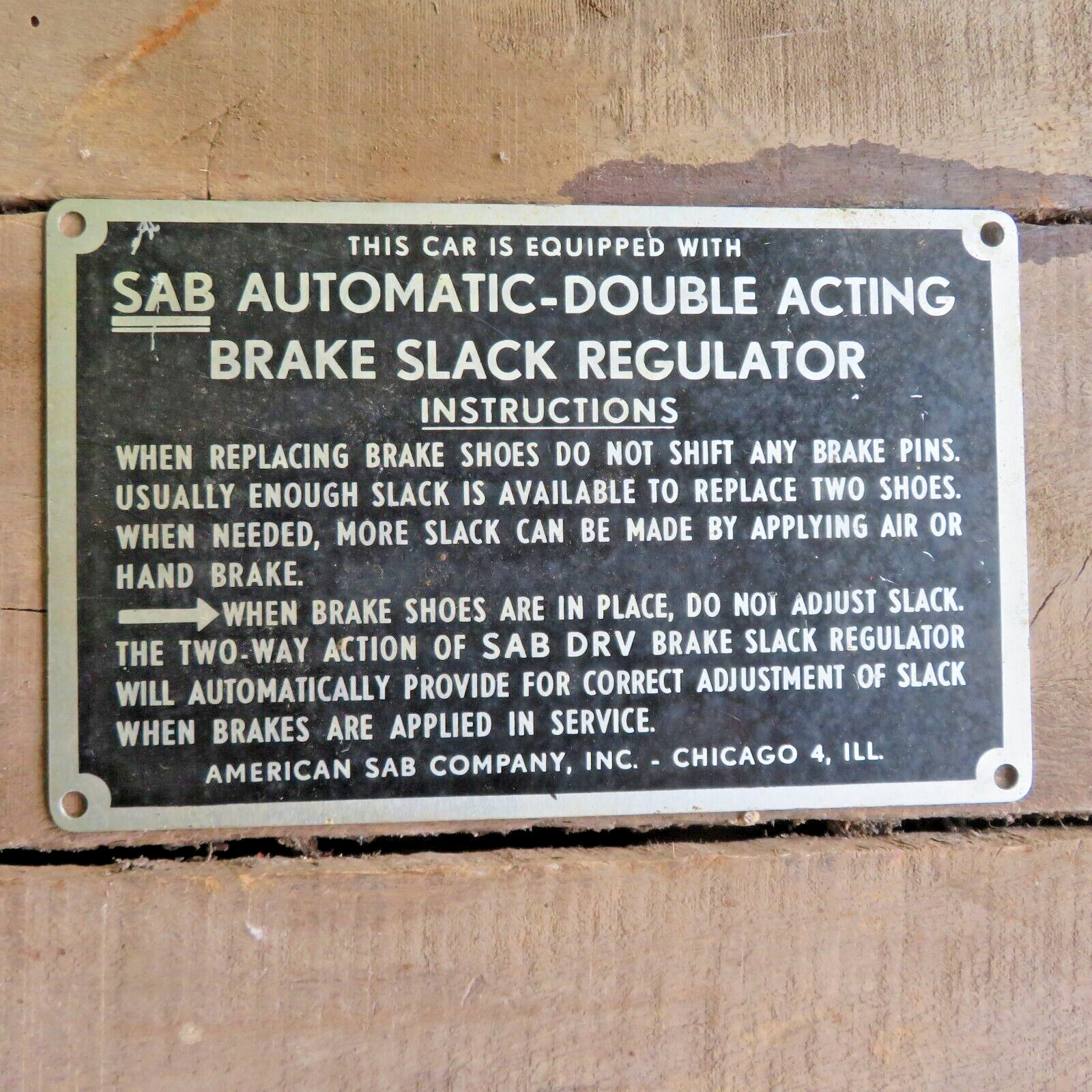 New Old Stock Railroad SAB Automatic-Double Acting Brake Slack Regulator Sign
