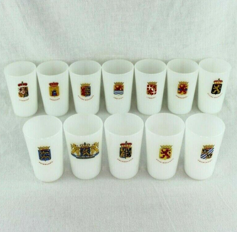 Vintage Netherlands Provinces Coat of Arms Milk White Shot Glasses Set of 12