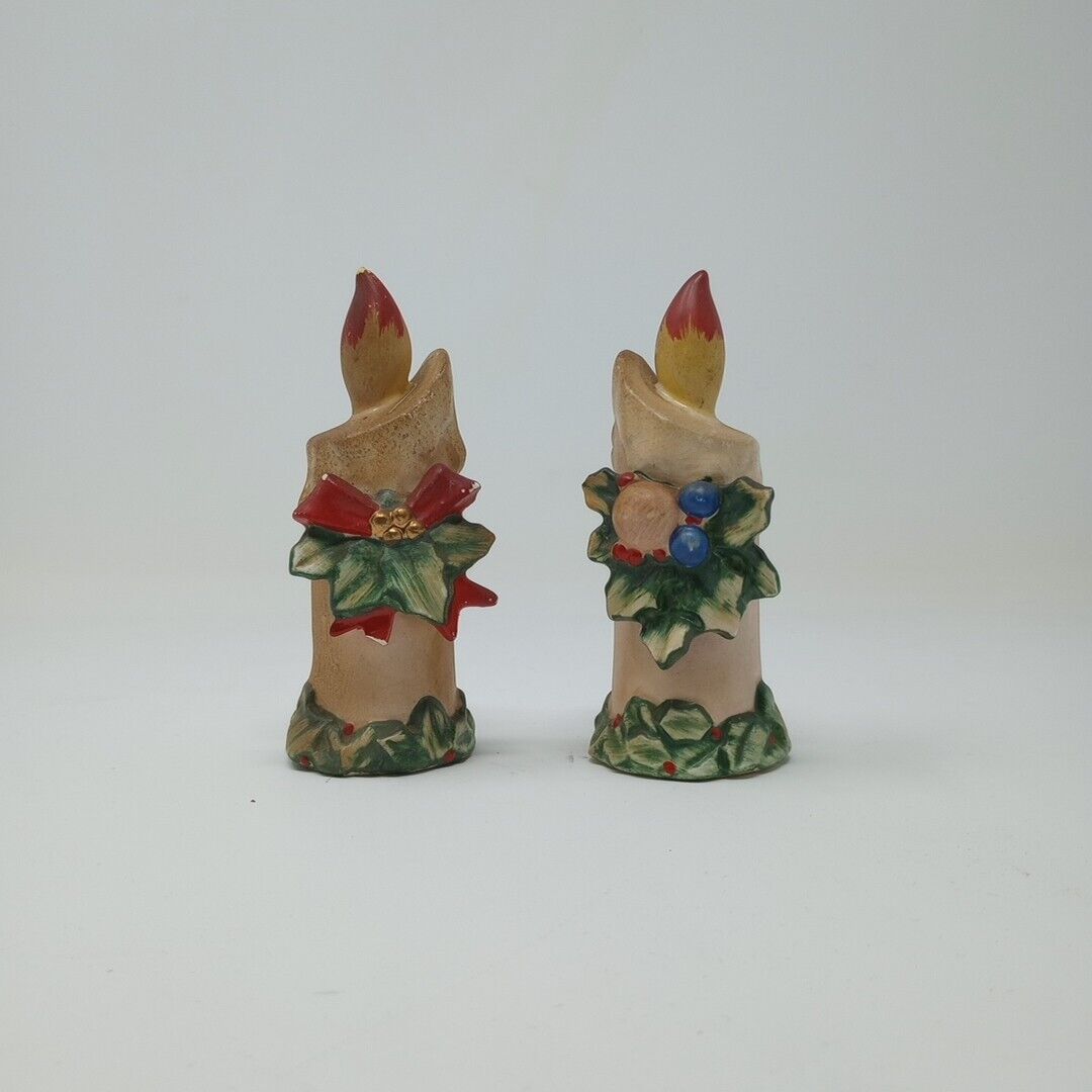 Vintage Lefton Christmas Candles Salt & Pepper Shakers Holly Berries Bow