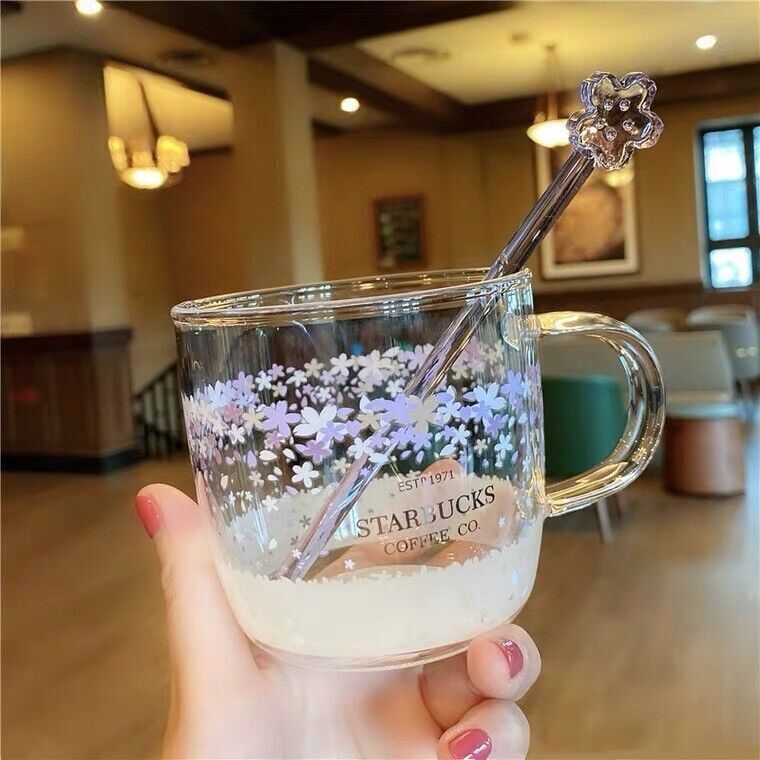HOT Starbucks Sakura Pink Color Glass W/ Purple Stir Rod CoffeeMug Korea Cup US
