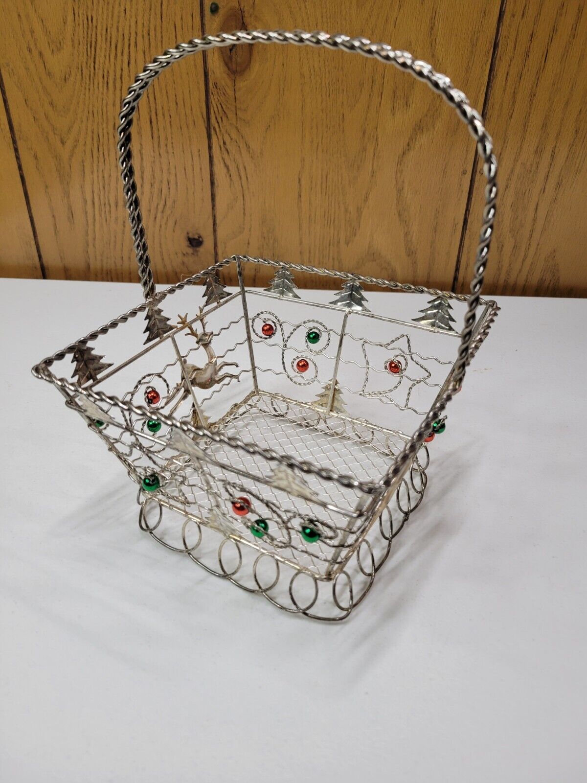 Vintage Elegant Silvertone Christmas Basket with Jewels 10 1/2\