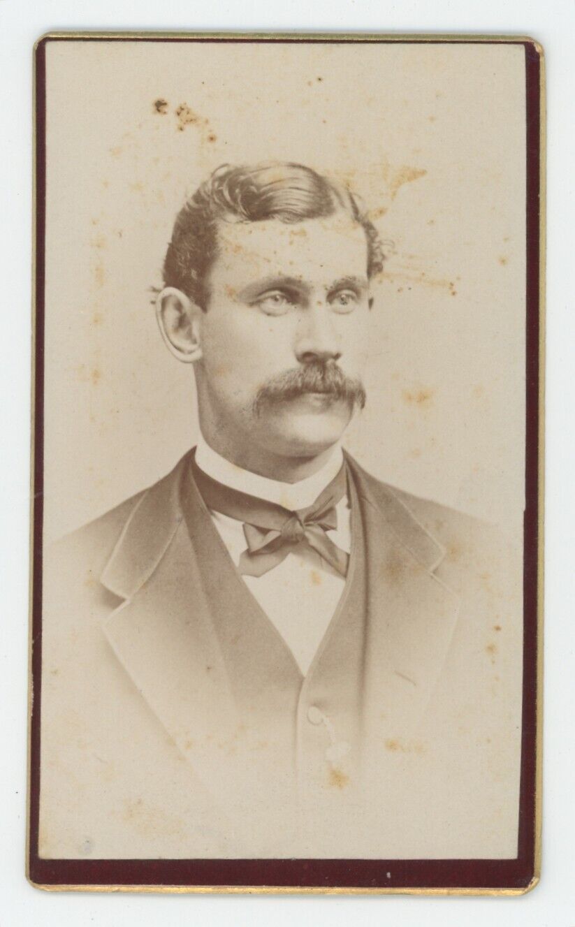 Antique CDV Circa 1870s Large Handsome Man With Mustache in Suit & Tie Boston MA