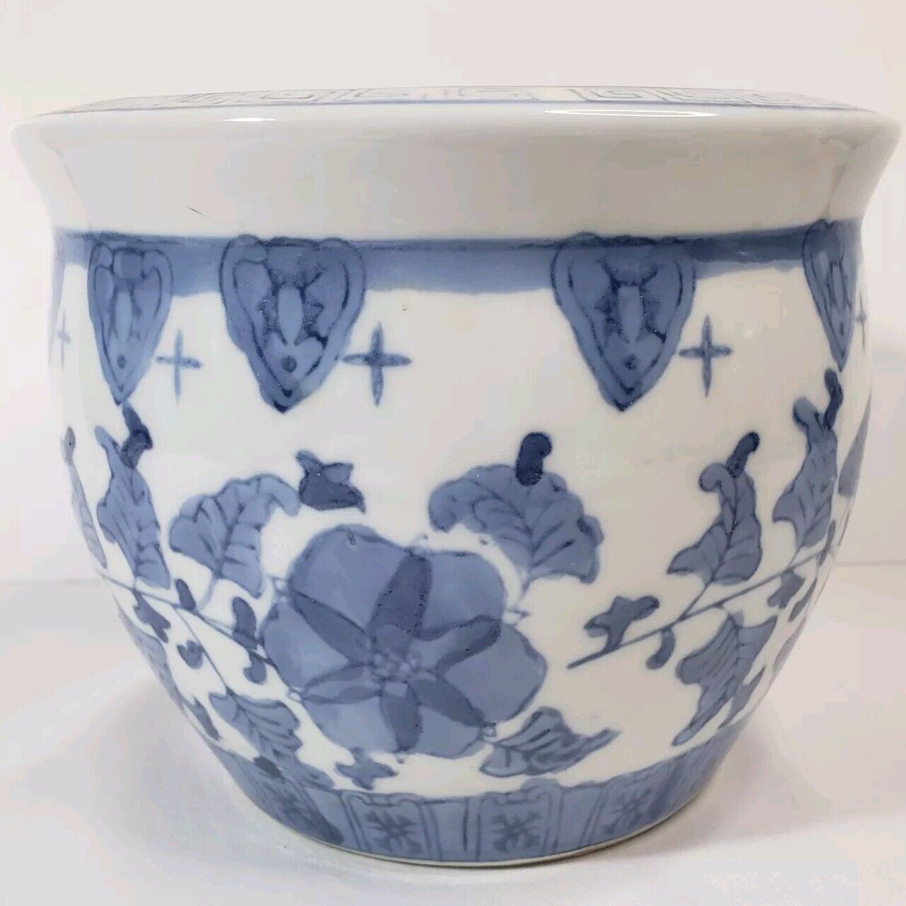 Vintage Blue White GREEK KEY Fish Bowl CHINESE Jardiniere Ceramic Planter 