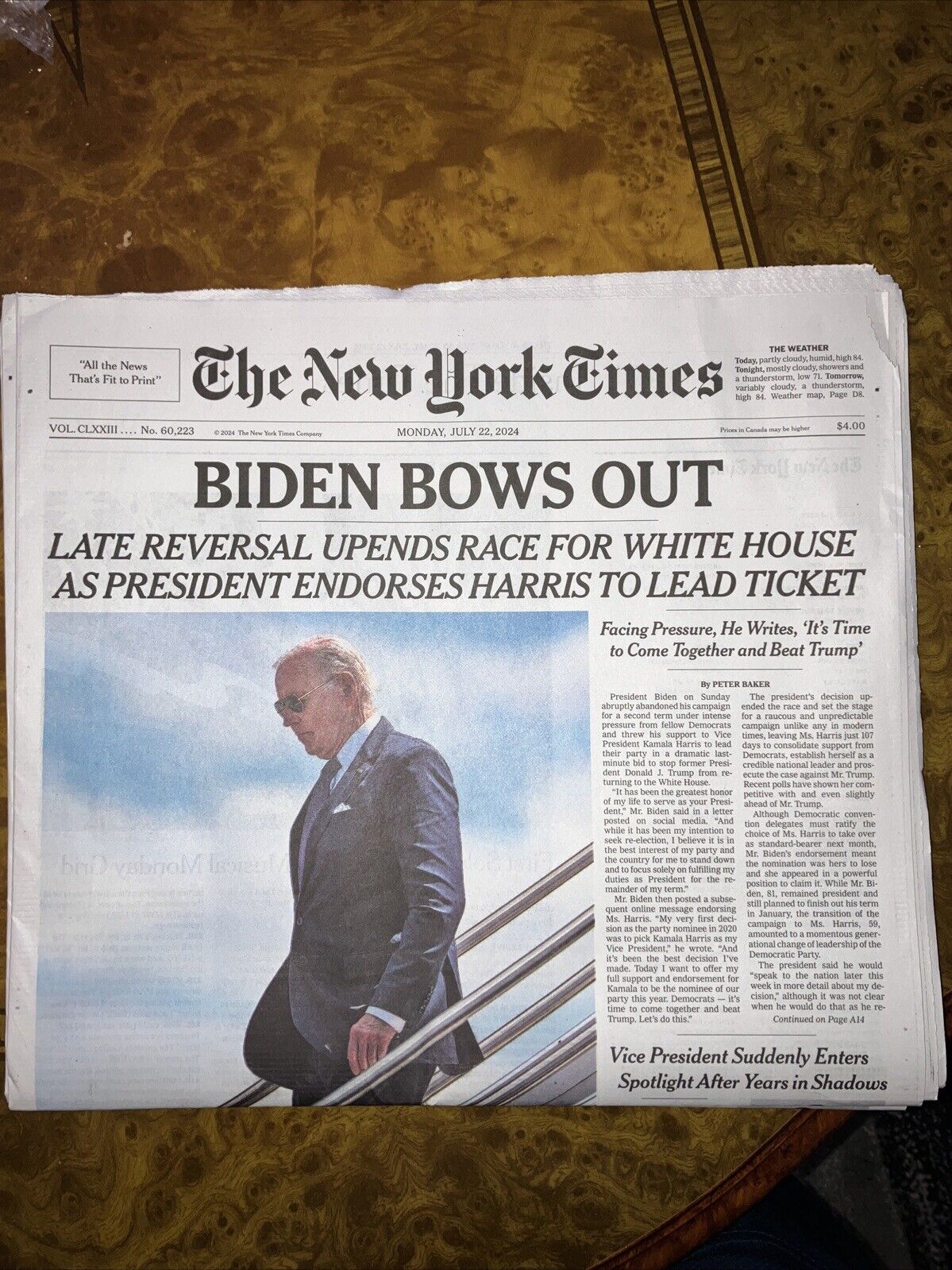 BIDEN BOWS OUT 7/22/2024 NEW YORK TIMES NEWSPAPER