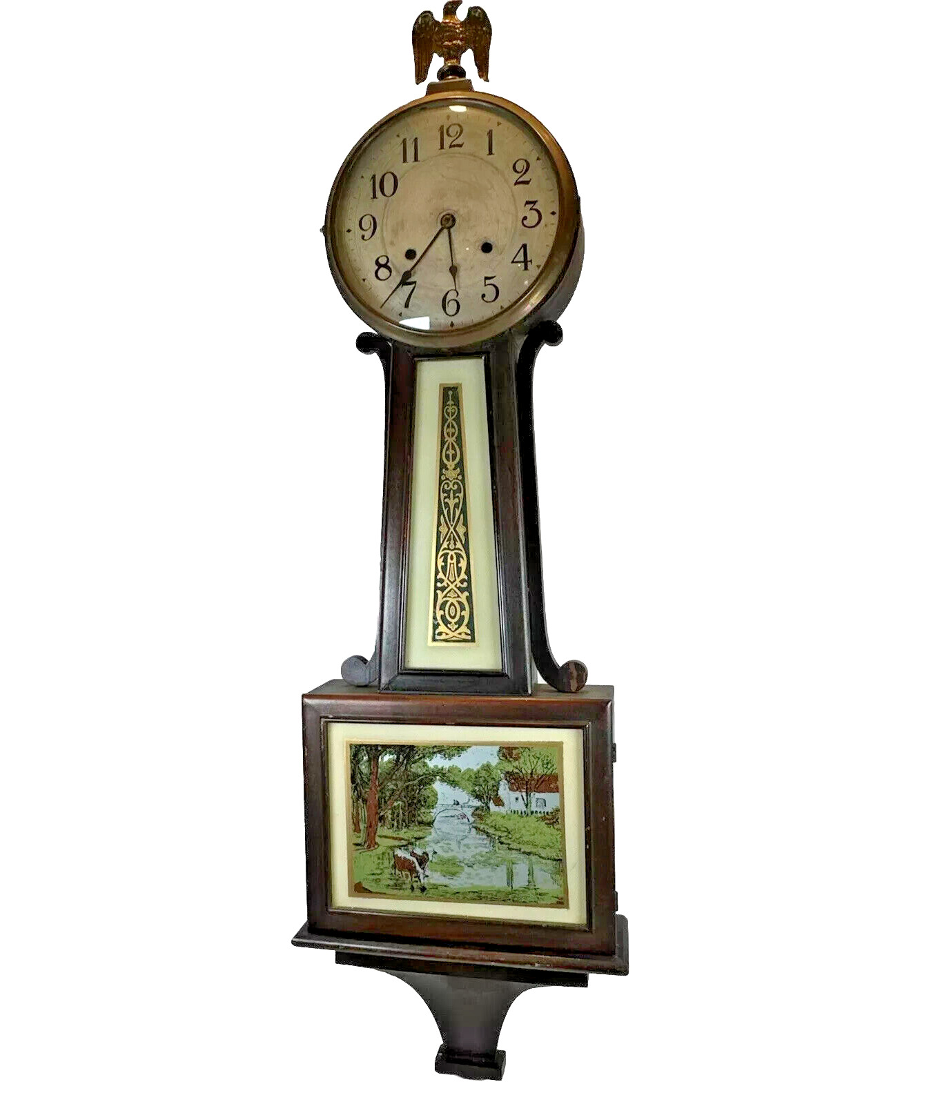 Antique New Haven Wind Weighted Movement 24 in. 8 Day Banjo Clock w/key