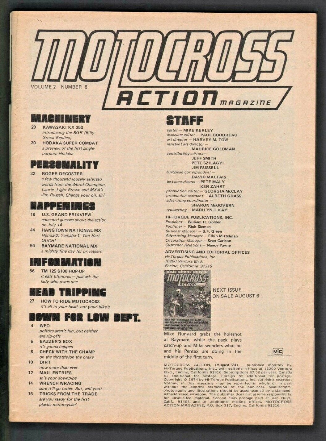 1974 August Motocross Action Motorcycle Magazine Roger DeCoster - Missing Cover
