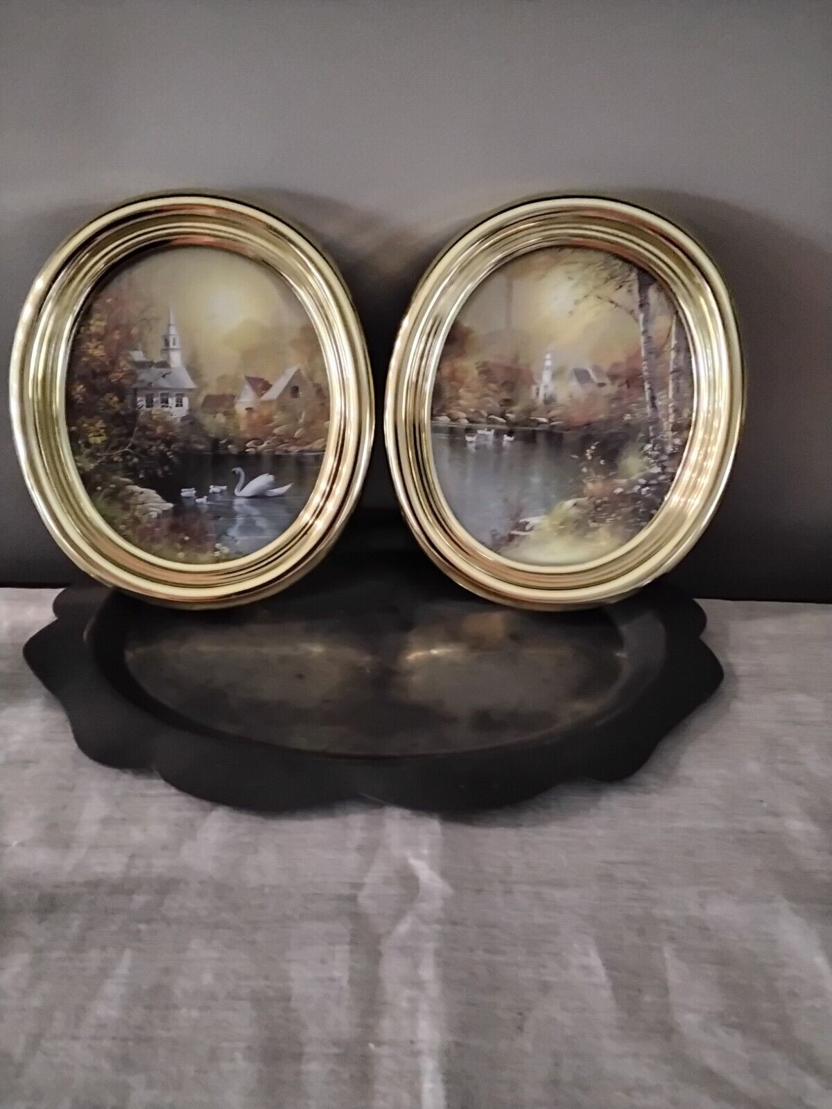 Vintage Homco Inc. Home Interiors Gold Tone Oval Church Swan Scene Pictures