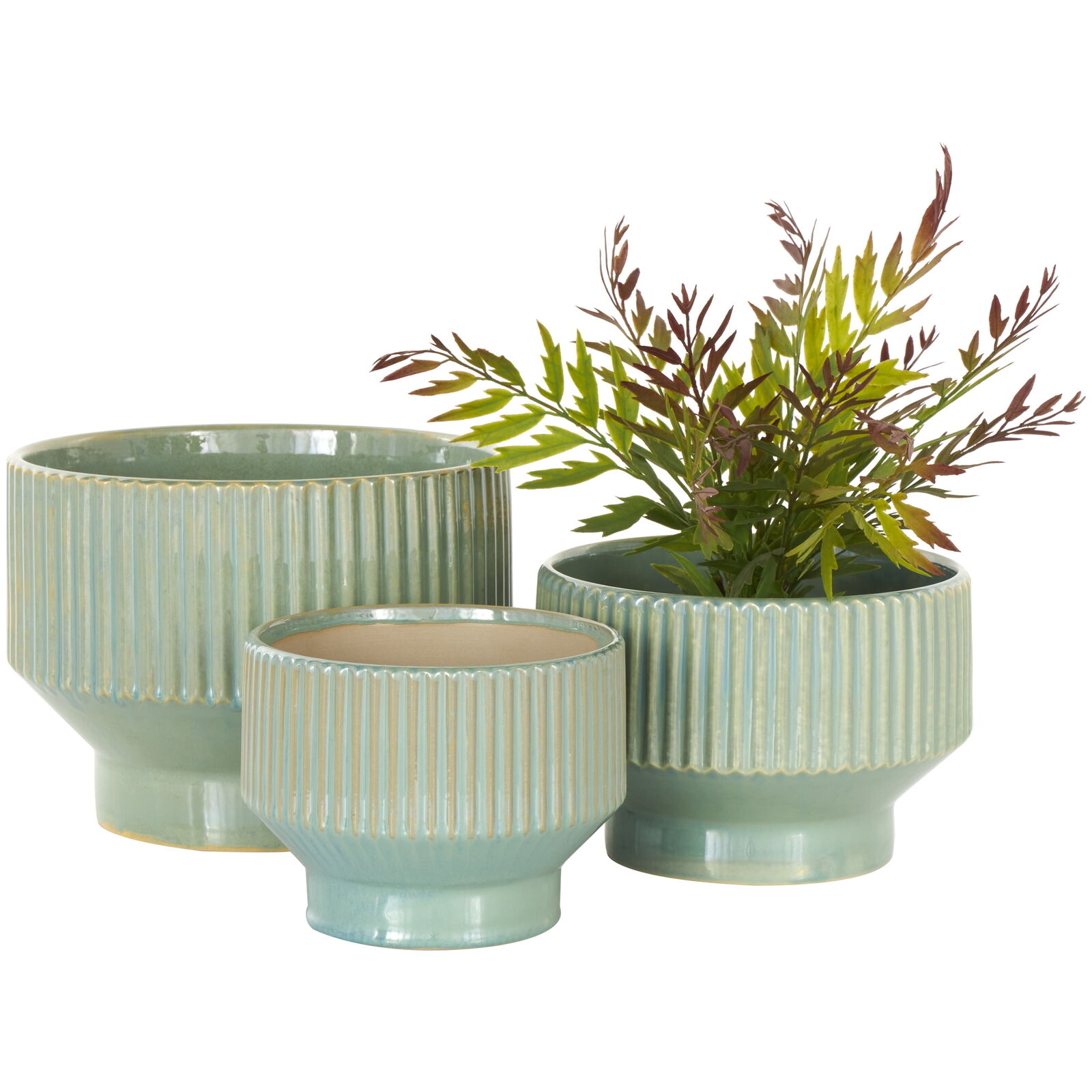 Wide Green Ceramic Planter with Linear Grooves and Tapered Bases (3 Count)