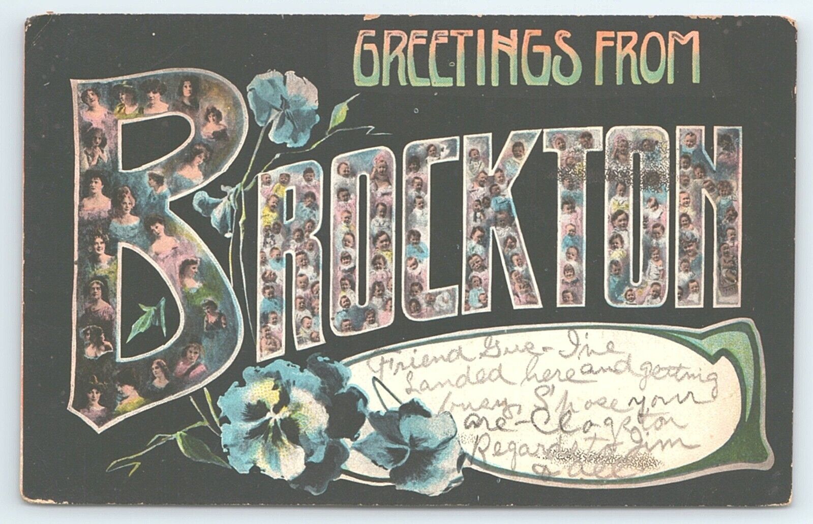 Postcard Greetings From Brockton Massachusetts Large Letter Women Babies c1907