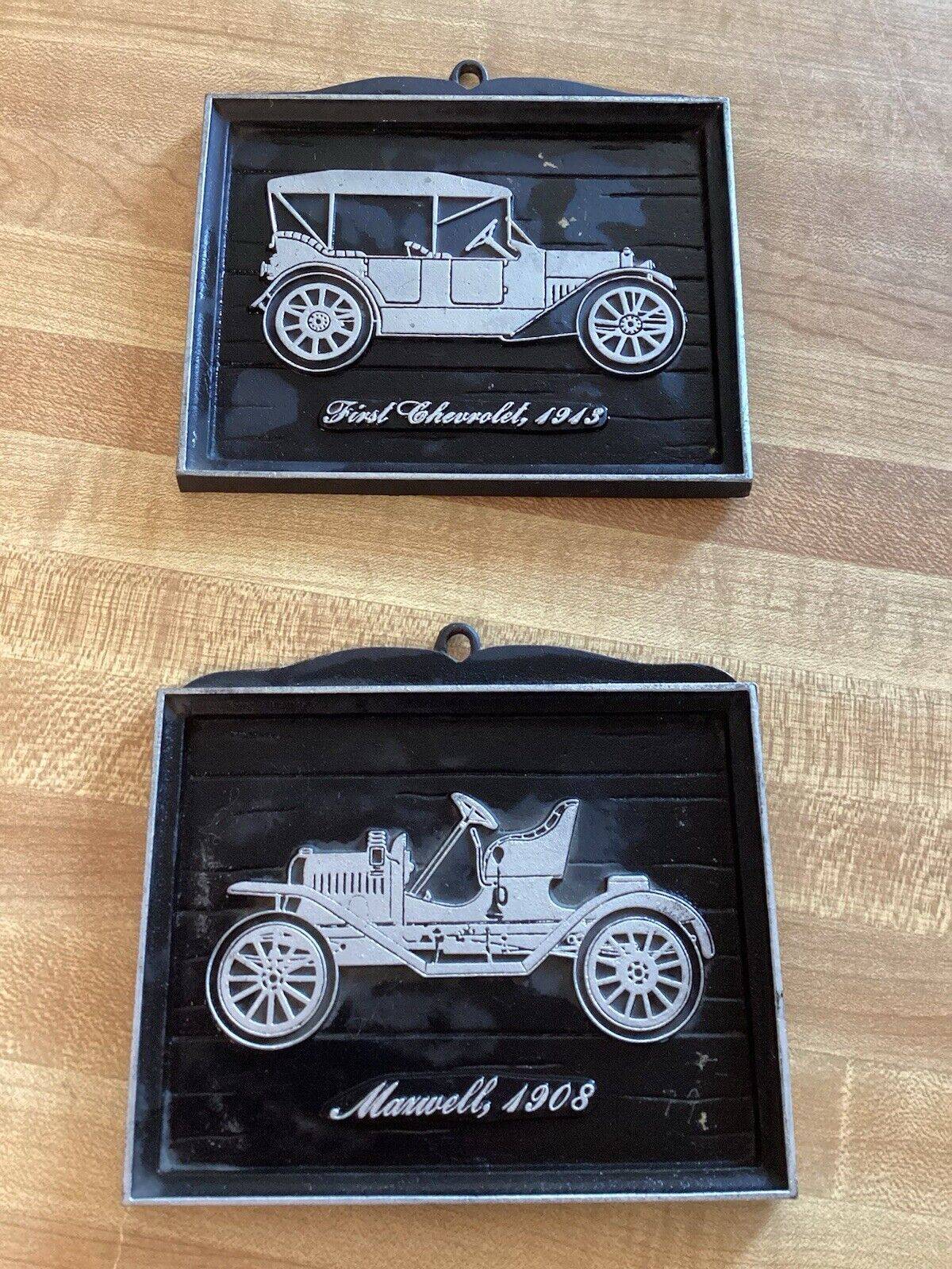  Lot Of 2 Vintage Cast Iron Wall Sign Car Art-1st Chevrolet 1913 & Maxwell 1908