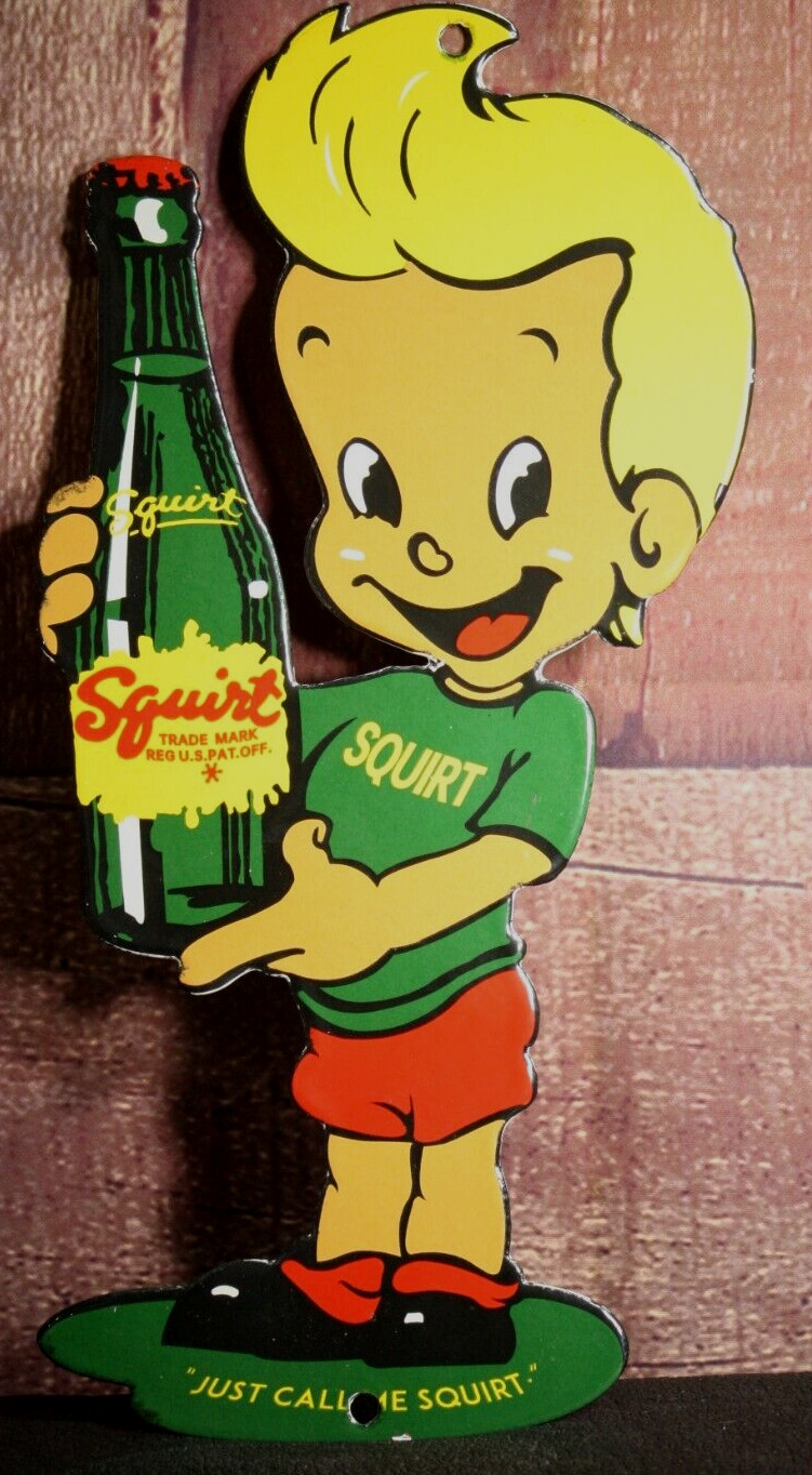 SQUIRT SOFT DRINK  (CALL ME SQUIRT)  PORCELAIN COLLECTIBLE, RUSTIC, ADVERTISING