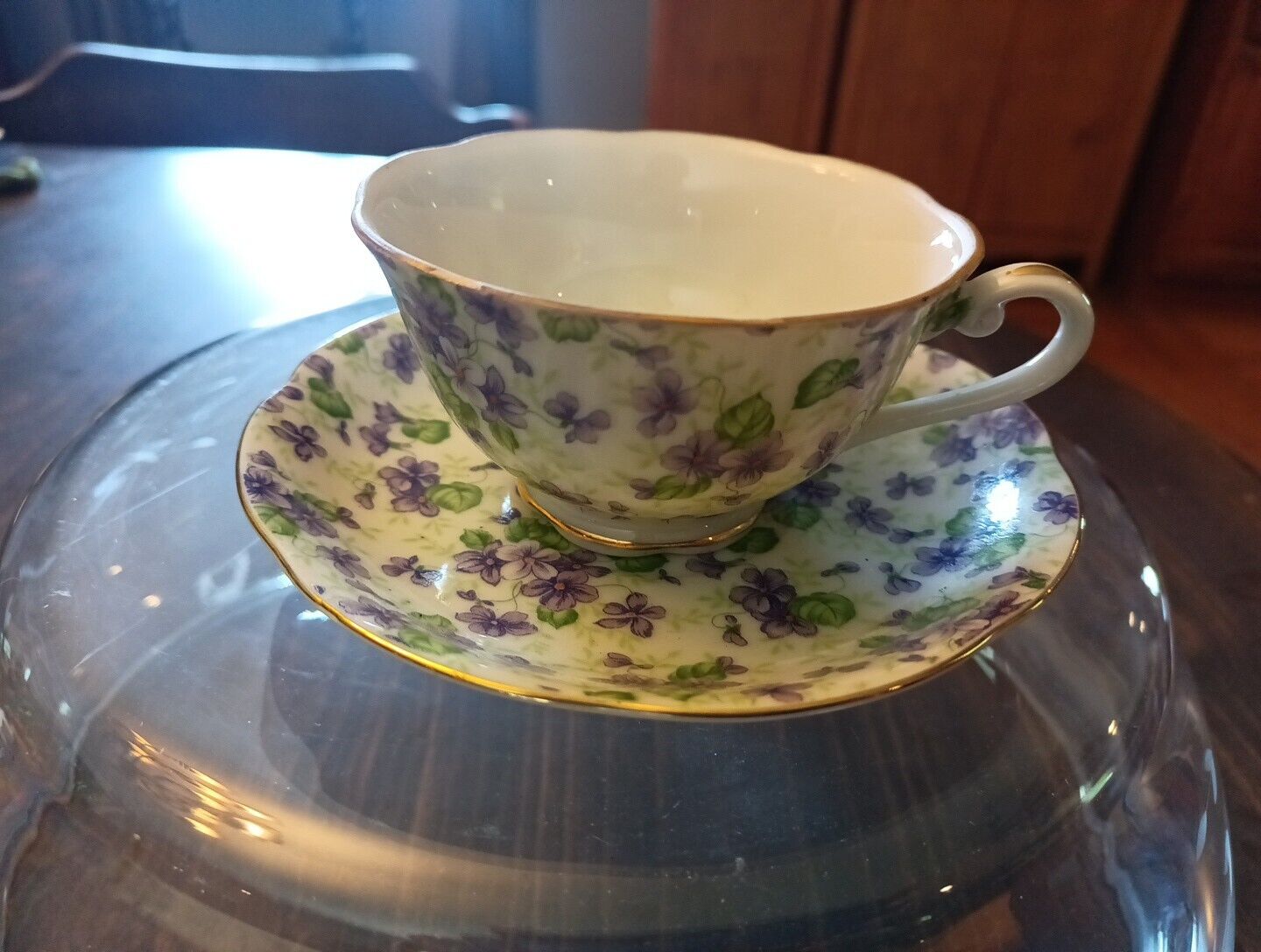 Lefton China Hand painted Violet CHINTZ Teacup & Saucer