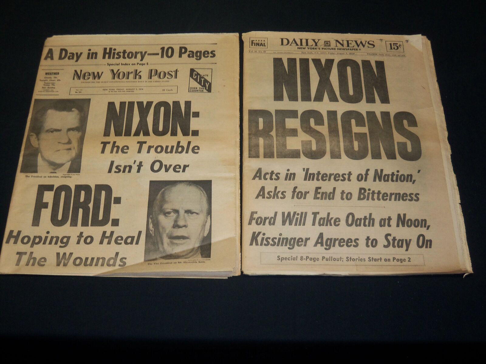 1974 NEW YORK DAILY NEWS & POST NEWSPAPER LOT OF 2 - NIXON RESIGNS - NP 4937