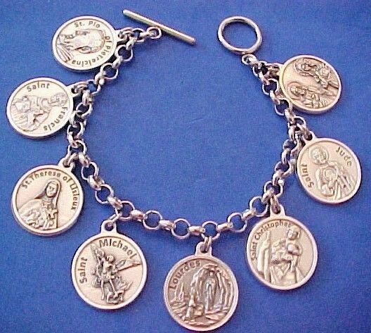 Custom Religious Saint Medal Charm Bracelet Lot PRAYERS Stainless Steel 8” C7